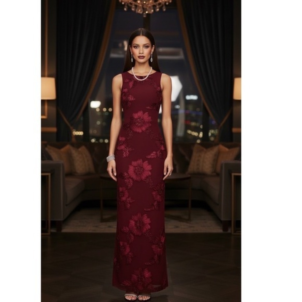 Princess Polly Burgundy Floral Embroidered Mesh Maxi Dress Sleeveless US 2